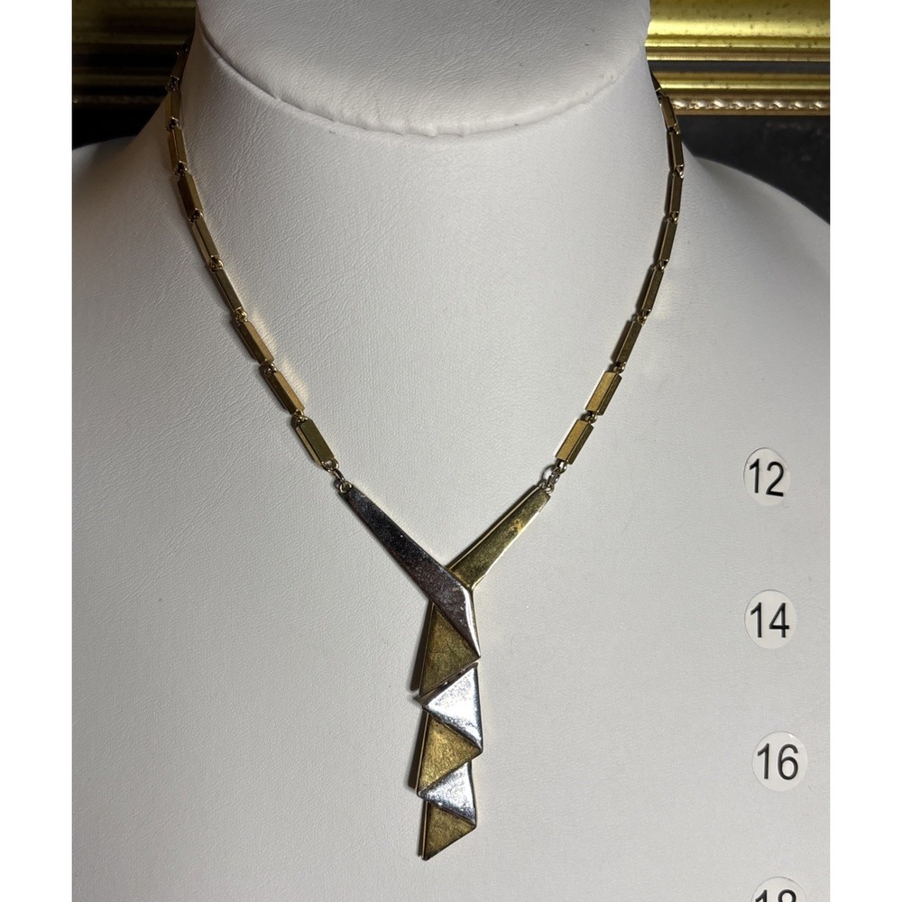 Modernist Geometric Two Tone Silver Gold Triangle Pendant Necklace